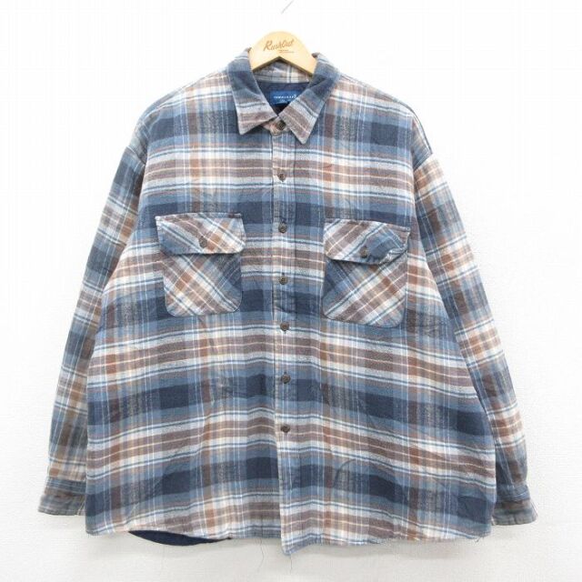 XL★古着 タウンクラフト 長袖 フランネル シャツ メンズ 大きいサイズ コットン 紺他 チェック内側キルティング 26feb12