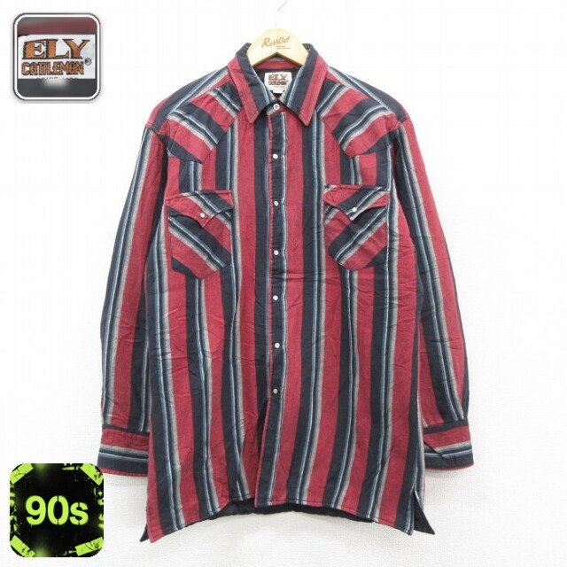 【50%OFF】ELY 90s 長袖ウエスタンフランネルシャツ ストライプ バーガンディ L | 古着