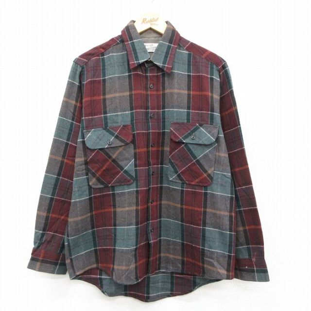 L★古着 シアーズ 長袖 ウール シャツ メンズ 90年代 90s エンジ系他 チェック 26feb12