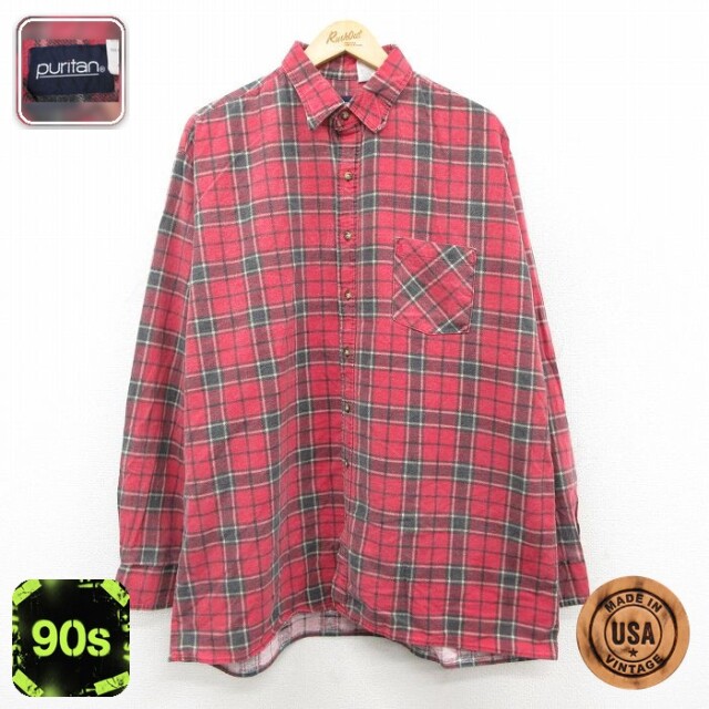 【50%OFF】ピューリタン 90s 長袖フランネルシャツ レッドチェック XL | 古着