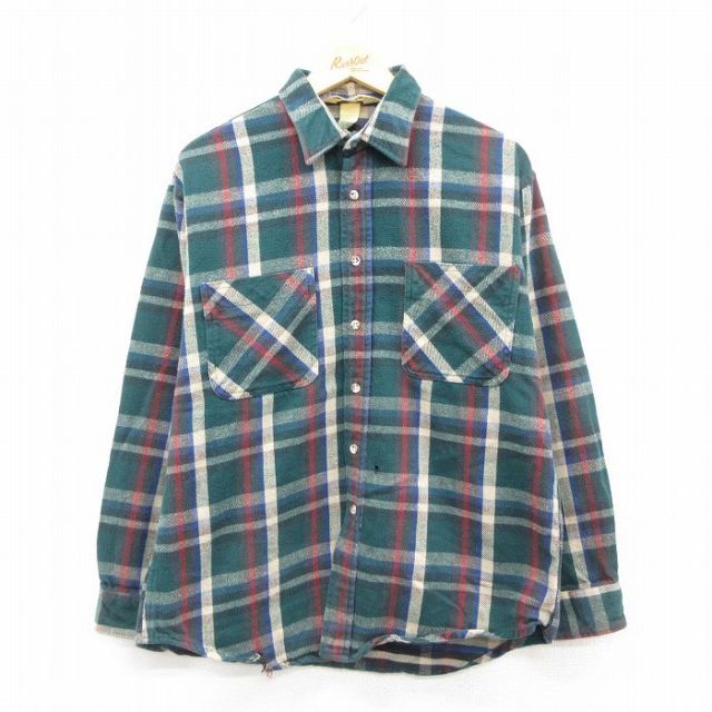 XL★古着 セントジョンズベイ 長袖 ヘビー フランネル シャツ メンズ 90年代 90s コットン USA製 緑他 チェック 26feb17