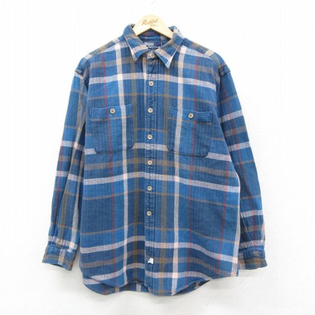 XL★古着 ラルフローレン 長袖 ブランド ヘビー フランネル シャツ メンズ 90年代 90s ヘリンボーン 大きいサイズ コットン 紺他 チェック 26feb21