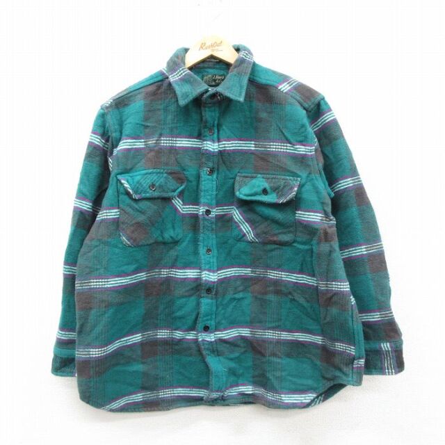XL★古着 長袖 ヘビー フランネル シャツ メンズ 00年代 00s コットン 緑他 チェック 26feb21