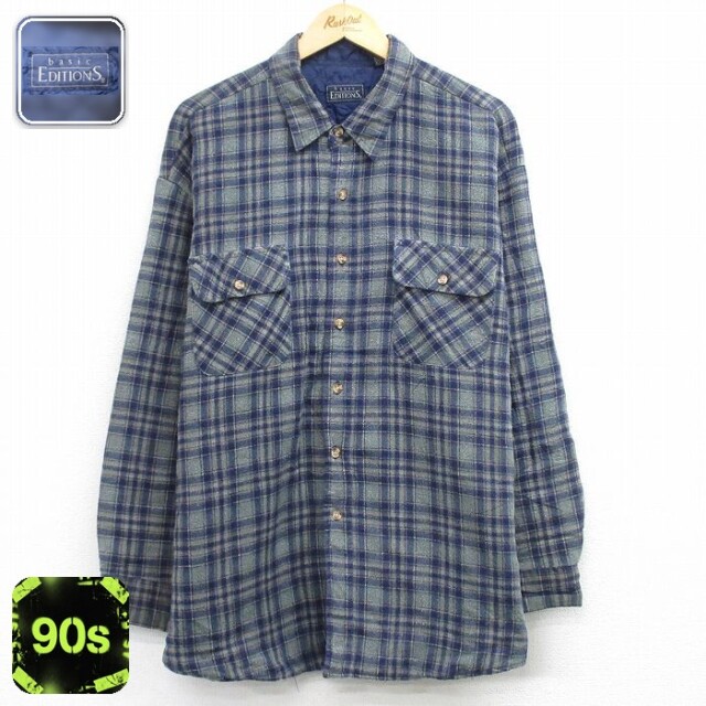 ベーシックエディションズ 90s 長袖フランネルシャツ リンガー ネイビー XL | 古着