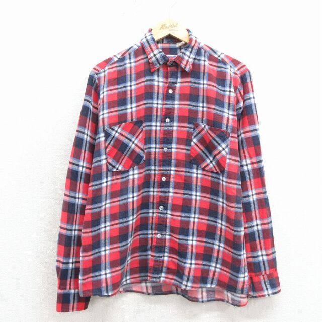 L★古着 長袖 フランネル シャツ メンズ 80年代 80s コットン USA製 赤他 チェック 26mar03