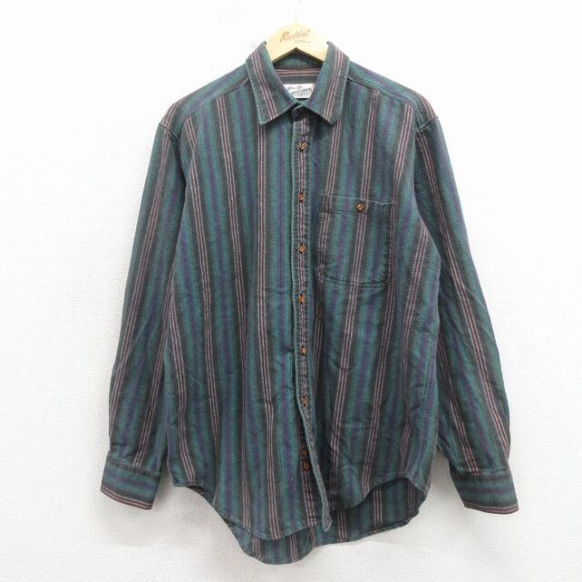 XL★古着 シアーズ 長袖 フランネル シャツ メンズ 90年代 90s コットン 緑他 ストライプ 26mar03