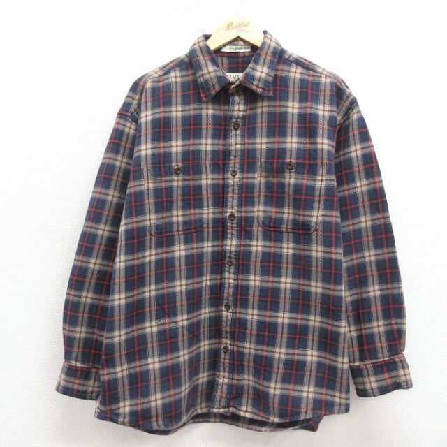 XL★古着 オービス 長袖 フランネル シャツ メンズ コットン 紺他 チェック 26mar03