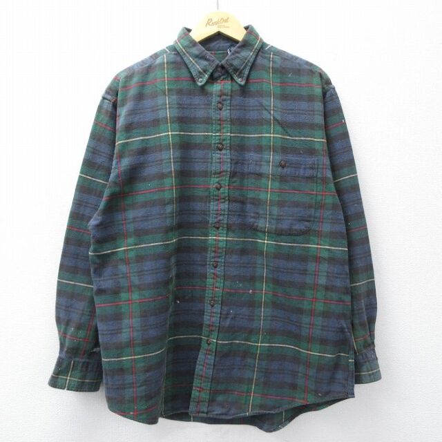 ランズエンド 90s 長袖フランネルシャツ グリーンチェック XL | 古着