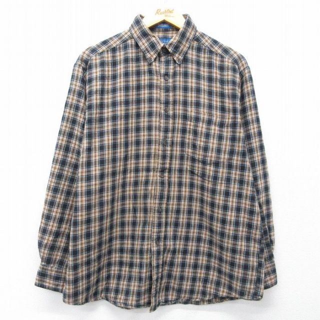 L★古着 タウンクラフト 長袖 フランネル シャツ メンズ コットン ボタンダウン ベージュ他 チェック 26mar19