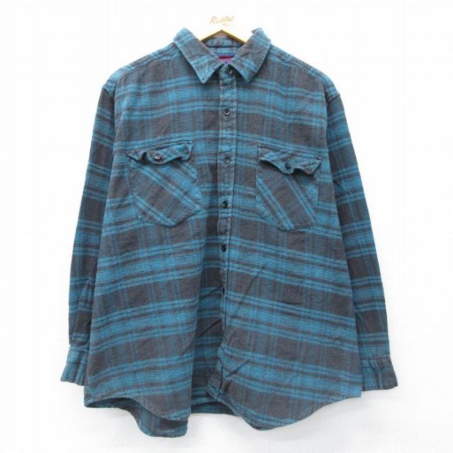XL★古着 ダコタ 長袖 ヘビー フランネル シャツ メンズ 大きいサイズ コットン 青緑他 チェック 26mar19