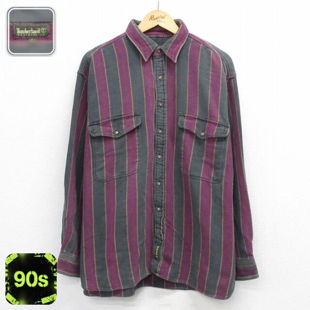 【20%OFF】ティンバーランド 90s 長袖フランネルシャツ ストライプ グレー XL | 古着