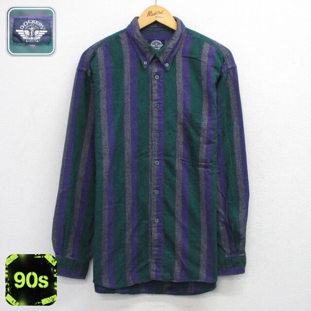 【20%OFF】ドッカーズ 90s 長袖フランネルシャツ ワンポイントロゴ グリーンストライプ XL | 古着