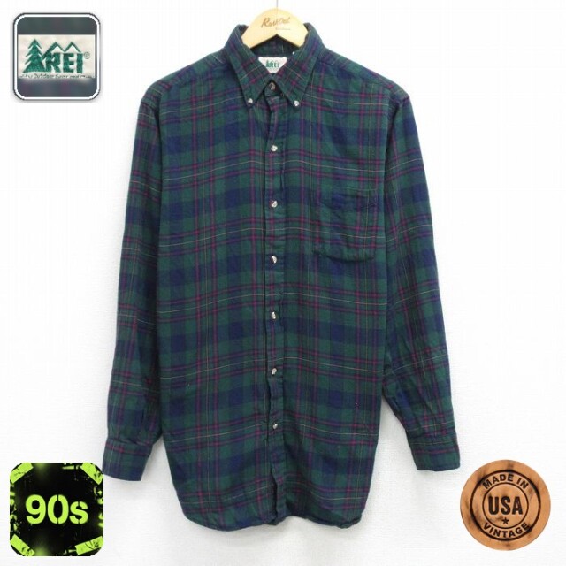 【20%OFF】REI 90s 長袖フランネルシャツ グリーンチェック メンズL相当 | 古着