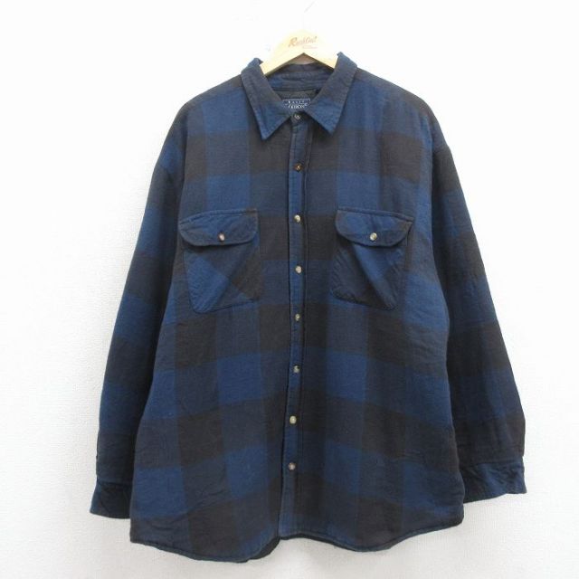 ベーシックエディションズ 90s 長袖フランネルシャツ 内側キルティング ネイビーチェック メンズXL相当 | 古着