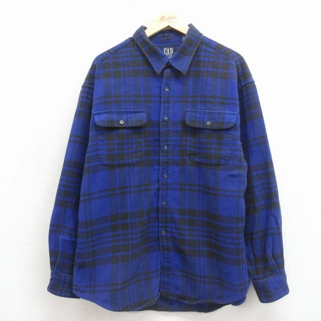 ギャップ 90s 長袖フランネルシャツ チェック ブルー メンズL相当 | 古着