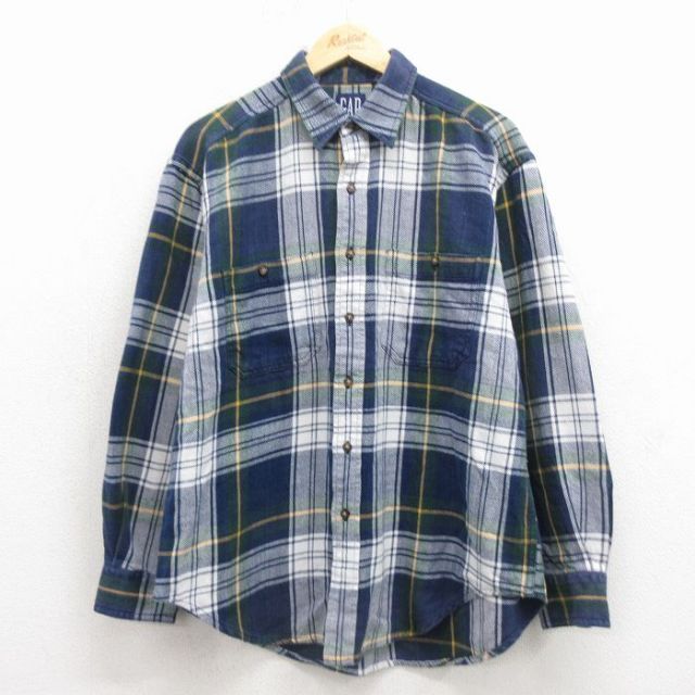 ギャップ 90s 長袖フランネルシャツ ネイビーチェック メンズL相当 | 古着