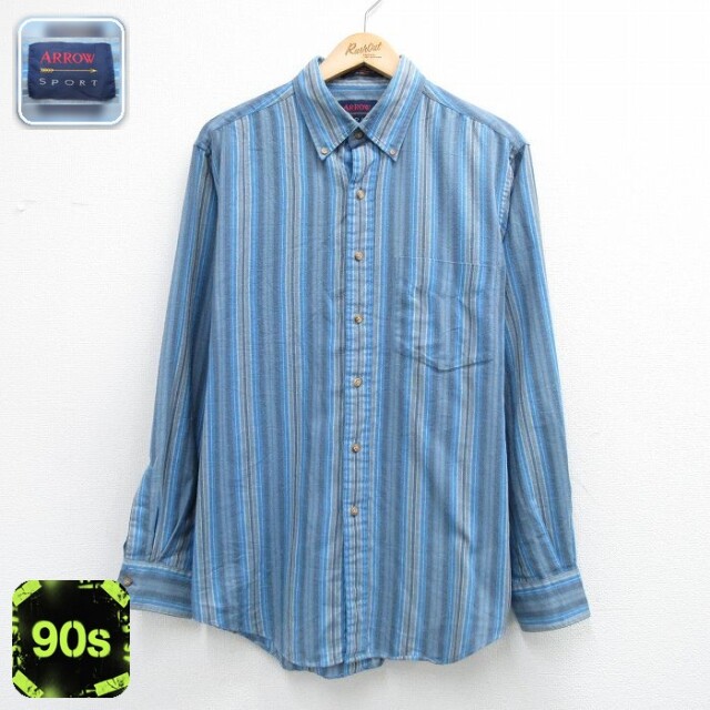 【20%OFF】アロー 90s 長袖フランネルシャツ ストライプ ネイビー メンズXL相当 | 古着