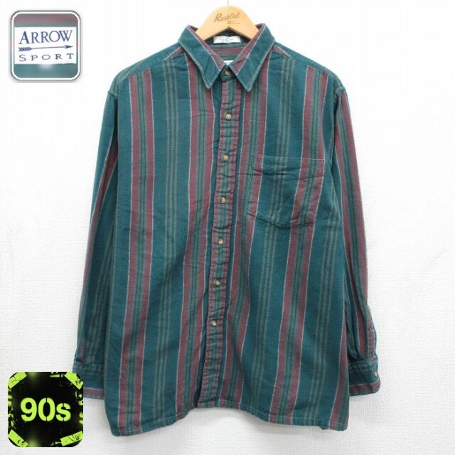 【20%OFF】アロー 90s 長袖フランネルシャツ ストライプ グリーン メンズXL相当 | 古着