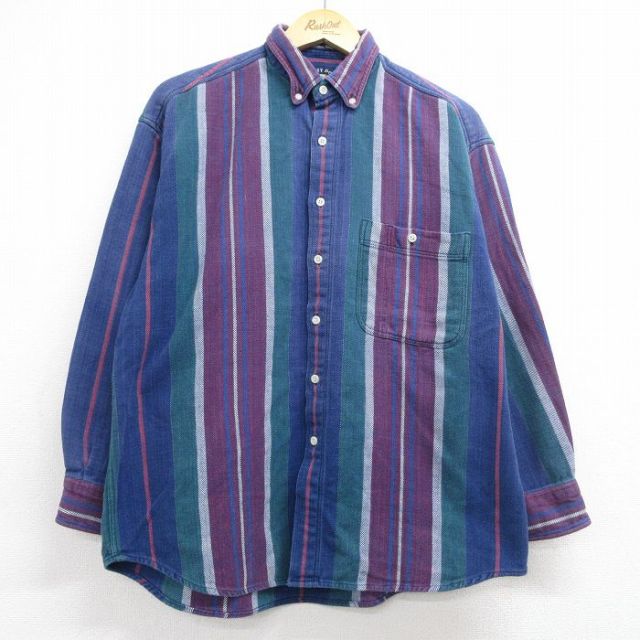 XL★古着 GANT 長袖 ヘビー フランネル シャツ メンズ 90年代 90s コットン ボタンダウン ネイビー ストライプ 26jun16