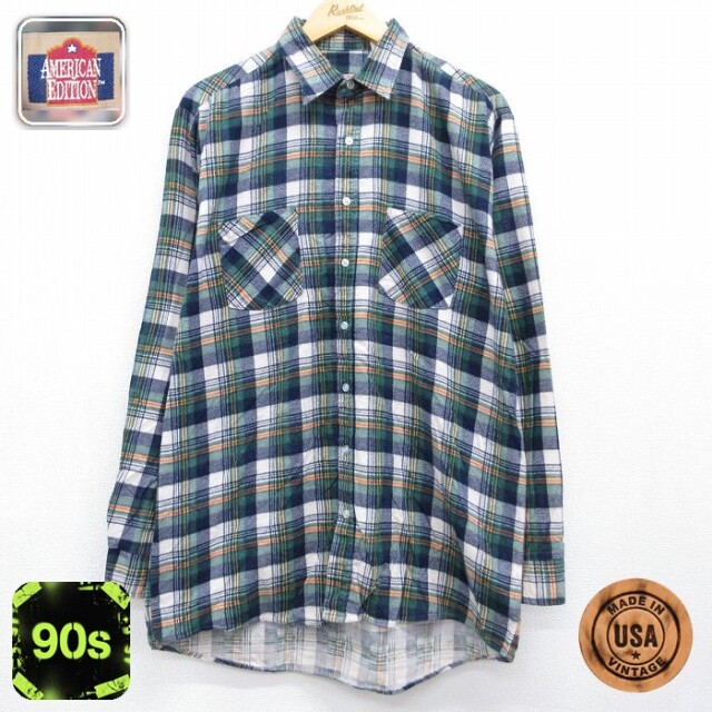 90s 長袖フランネルシャツ グリーンチェック メンズL相当 | 古着