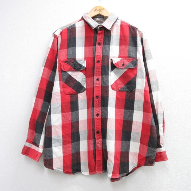 XL★古着 FIVE BROTHER レッドチェ 長袖 シャツ メンズ 90年代 90s フランネル フラップポケット コットン チェック【spe】 26aug27
