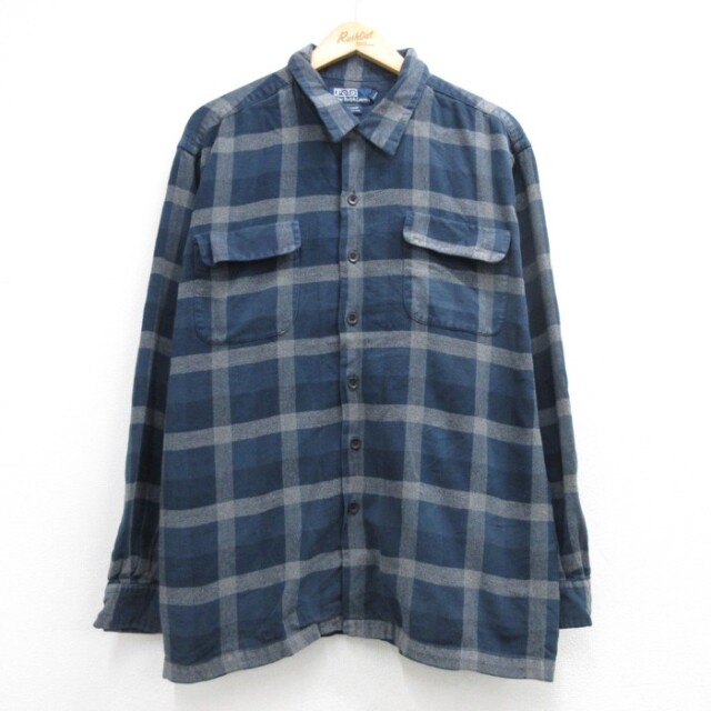 XL★古着 ラルフローレン Ralph Lauren 長袖 シャツ メンズ 90年代 90s フランネル SKI CAMP フラップポケット コットン ネイビー チェック【spe】 26aug27