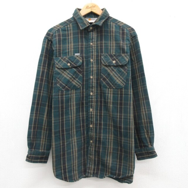 L★古着 カーハート Carhartt 長袖 シャツ メンズ 90年代 90s ヘビー フランネル フラップポケット コットン USA製 グリーン チェック【spe】 26sep08