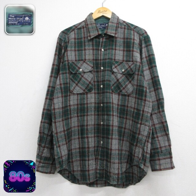 JCPenney 80s 長袖シャツ フラップポケット グリーンチェック メンズXL相当 | 古着