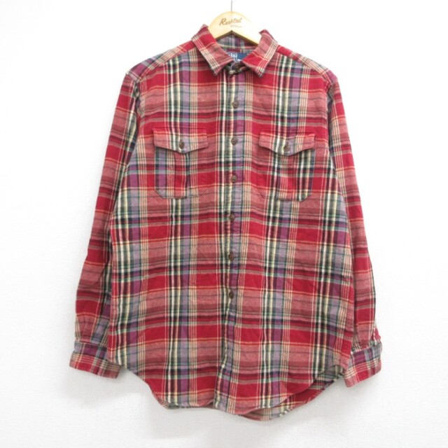L★古着 ラルフローレン Ralph Lauren 長袖 ブランド シャツ メンズ 90年代 90s フランネル フラップポケット コットン レッド チェック【spe】 26sep15