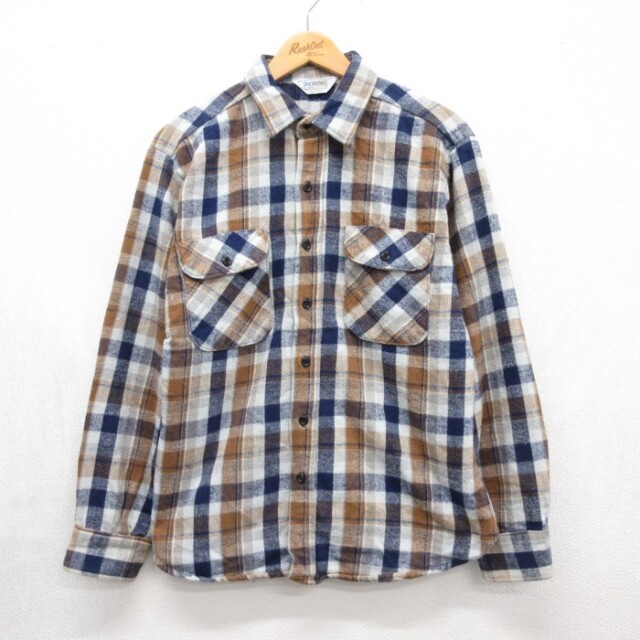 L★古着 FIVE BROTHER 長袖 シャツ メンズ 80年代 80s ヘビー フランネル フラップポケット コットン USA製 ネイビー チェック【spe】 26sep15
