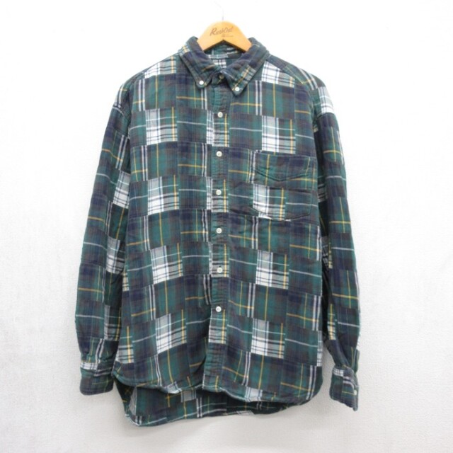 L★古着 ギャップ 長袖 シャツ メンズ 90年代 90s フランネル パッチワーク コットン ボタンダウン グリーン チェック【spe】 26sep15