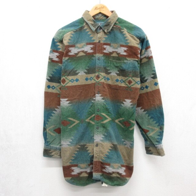 L★古着 Woolrich 長袖 シャツ メンズ 90年代 90s フランネル ネイティブ柄 ウールリッチ コットン ボタンダウン 総柄 USA製 ブルー【spe】 26sep15