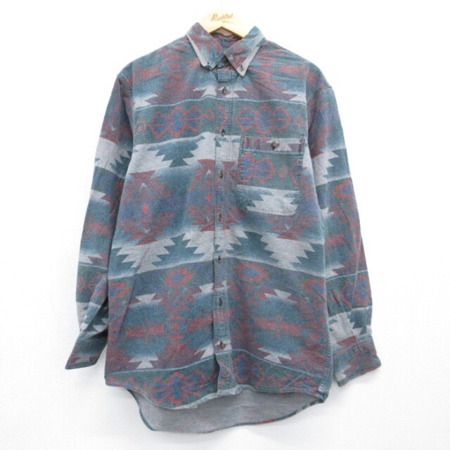 L★古着 Cabelas 長袖 シャツ メンズ 00年代 00s ネイティブ柄 ラグ柄 フランネル コットン ボタンダウン 総柄 グリーン【spe】 26sep17