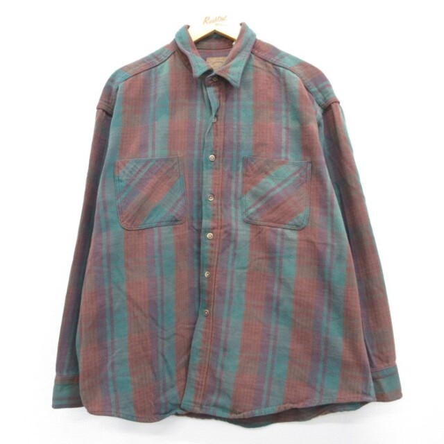 XL★古着 セントジョンズベイ St.Johns Bay 長袖 シャツ メンズ 90年代 90s ヘビー フランネル コットン USA製 ブラウン ストライプ【spe】 26sep17