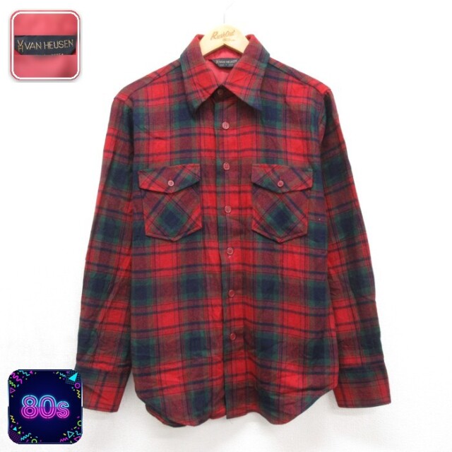 VAN HEUSEN 80s 長袖シャツ フラップポケット レッドチェック メンズL相当 | 古着