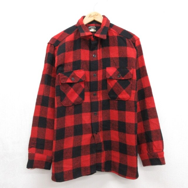 L★古着 WINTER KING レッドチェ 長袖 ビンテージ シャツ メンズ 60年代 60s バッファローチェック フラップポケット ウール【spe】 26sep24