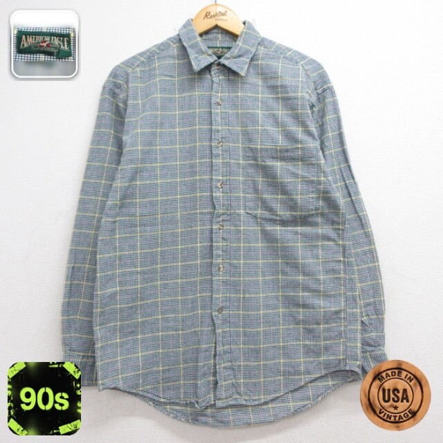 American Eagle 長袖 シャツ 90s フランネル 胸ポケット コットン USA製 カーキ チェック メンズM相当 | 古着