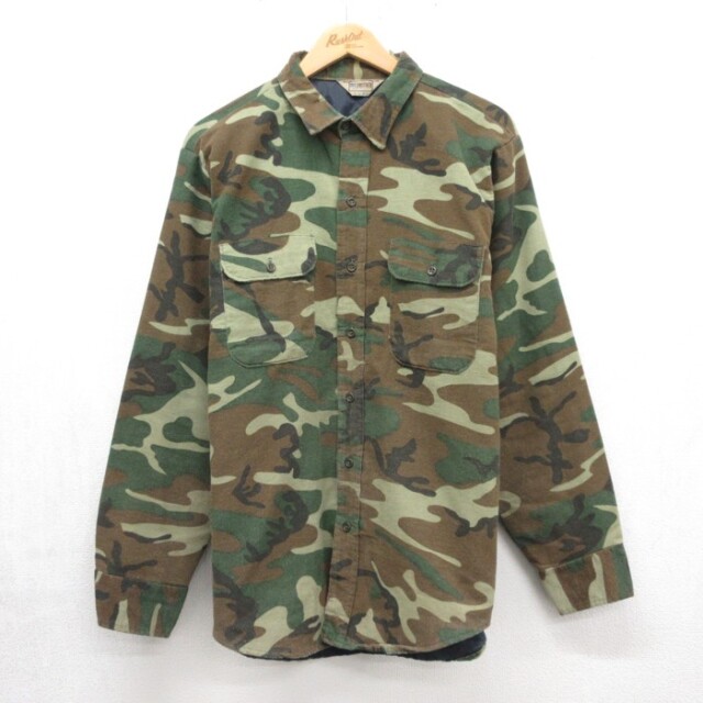 L★古着 ファイブブラザー FIVE BROTHER 長袖 シャツ メンズ 80年代 80s ウッドランドカモ フラップポケット コットン USA製 カーキ 迷彩【spe】 26oct06