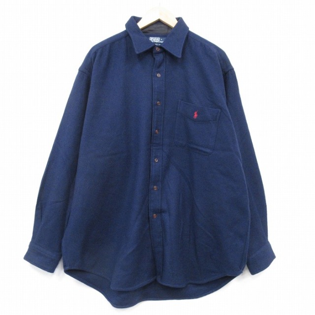 XL★古着 ラルフローレン 長袖 ブランド ウール シャツ メンズ 90年代 90s LOWELL SPORT 大きいサイズ ロング丈 ウール 紺【spe】 26feb07