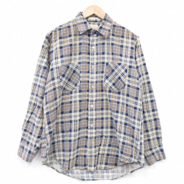XL★古着 長袖 フランネル シャツ メンズ 80年代 80s コットン ベージュ他 チェック 26feb07