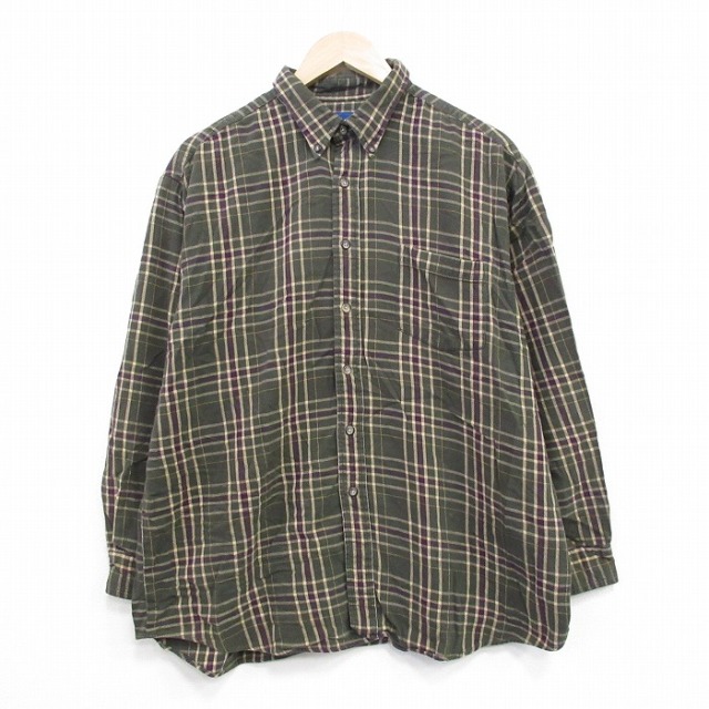 L★古着 長袖 フランネル シャツ メンズ 90年代 90s コットン 緑他 チェック 26feb13