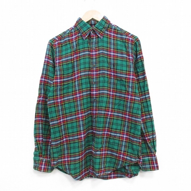 M★古着 ラルフローレン 長袖 ブランド フランネル シャツ メンズ 90年代 90s ワンポイントロゴ コットン ボタンダウン 緑他 チェック【spe】 26feb13
