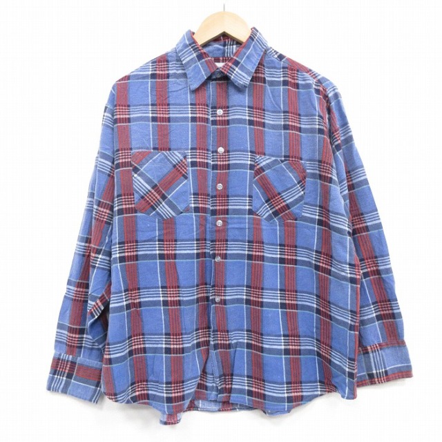 XL★古着 長袖 フランネル シャツ メンズ 80年代 80s 大きいサイズ コットン 薄紺他 チェック 26mar10