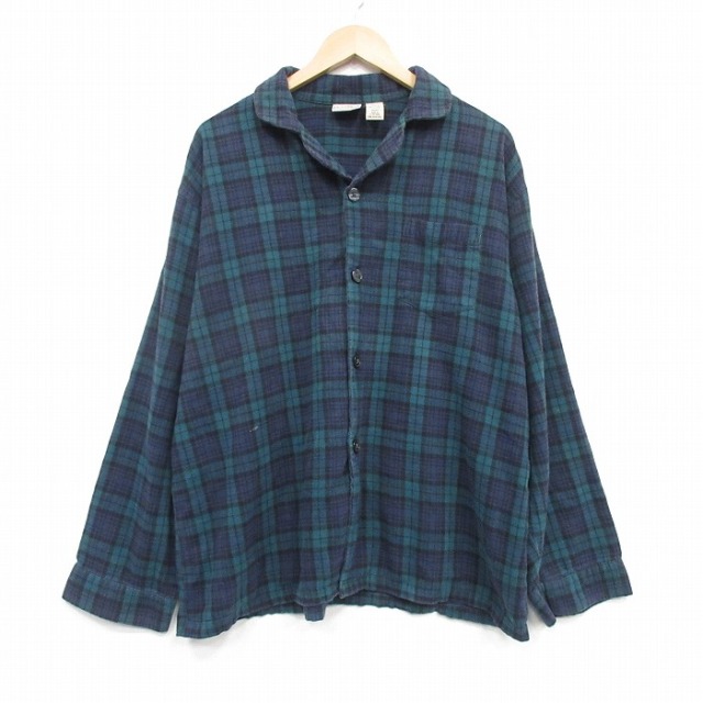 XL★古着 エルエルビーン 長袖 パジャマ フランネル シャツ メンズ 00年代 00s 開襟 オープンカラー コットン 緑他 タータン チェック ブラックウォッチ 26mar10