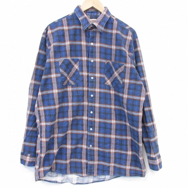 XL★古着 長袖 フランネル シャツ メンズ 90年代 90s コットン USA製 紺他 チェック 26mar10