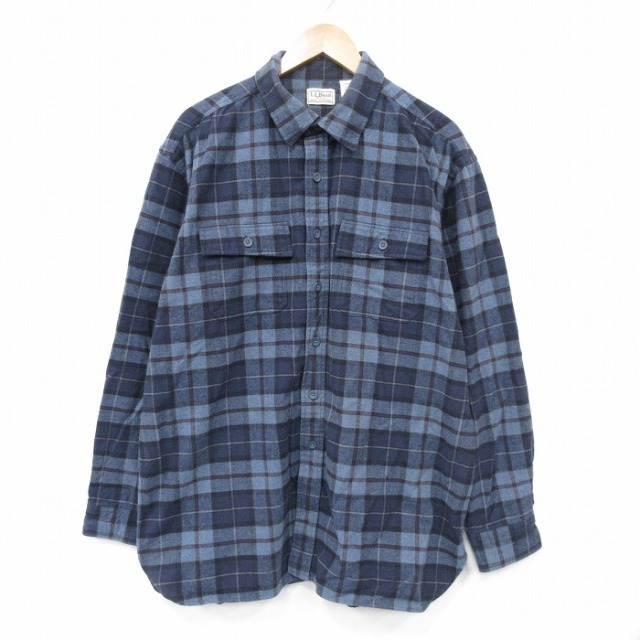XL★古着 エルエルビーン 長袖 ヘビー フランネル シャツ メンズ 00年代 00s 大きいサイズ ロング丈 コットン 紺他 チェック 26apr03