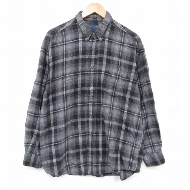 XL★古着 タウンクラフト 長袖 フランネル シャツ メンズ 00年代 00s コットン ボタンダウン 濃グレー他 チェック 26apr03