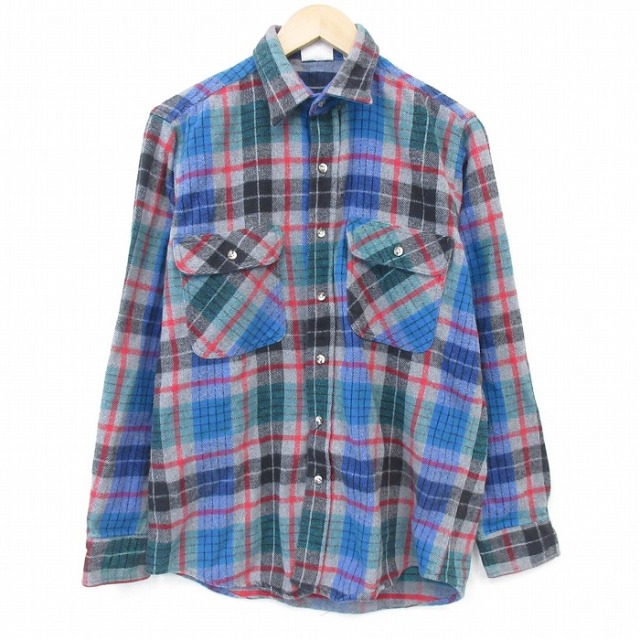 M★古着 バンヒューセン 長袖 ヘビー フランネル シャツ メンズ 90年代 90s コットン 濃グレー他 チェック【spe】 26apr03