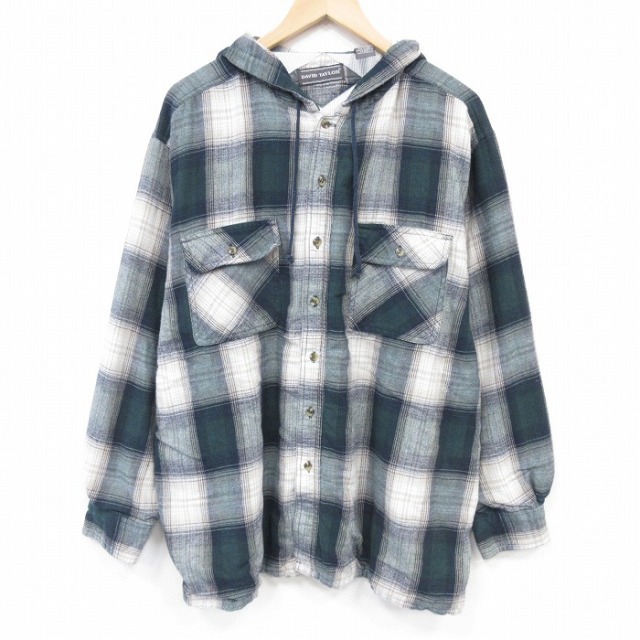 XL★古着 長袖 フランネル シャツ パーカー メンズ 90年代 90s 大きいサイズ コットン 濃緑他 チェック 内側サーマル【spe】 26apr03