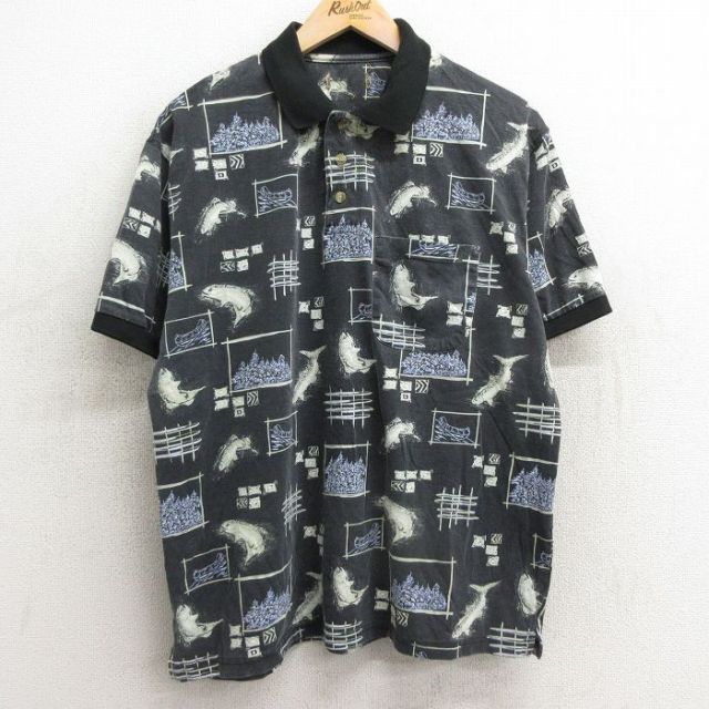 【50%OFF】半袖ポロシャツ 魚総柄 ブラック XL | 古着